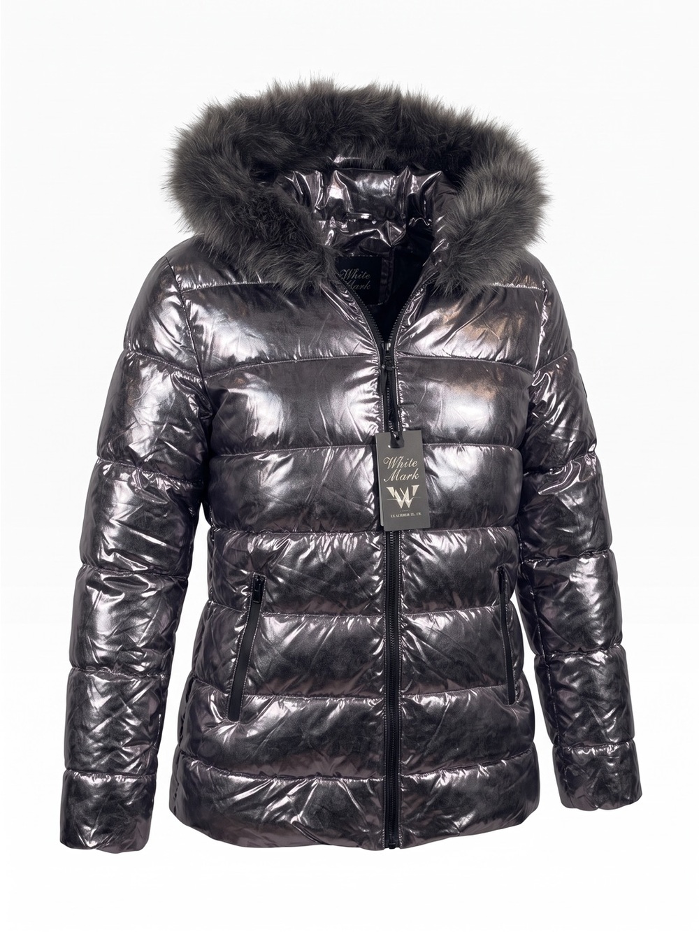 White Mark Shiny Metallic Puffer Jacket with Faux Fur Trim - Charcoal